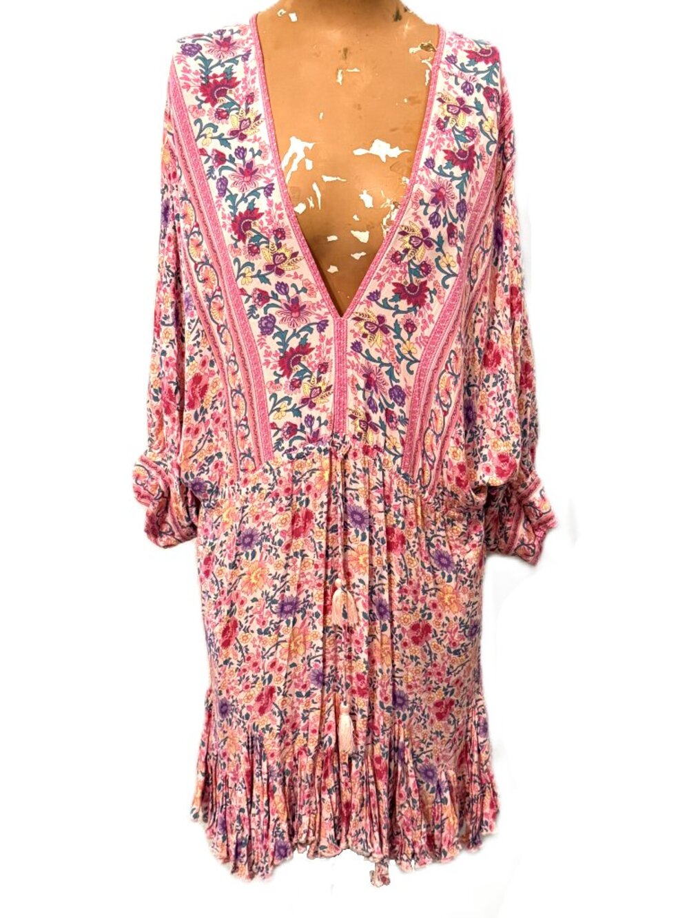 Aakaa Boho Pink Floral Shirt Top Tunic Dress Deep V Large Anthropologie Fairy